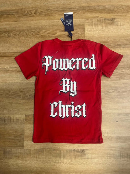 BOYS RED POWERED BY CHRIST EMBROBERY TEE