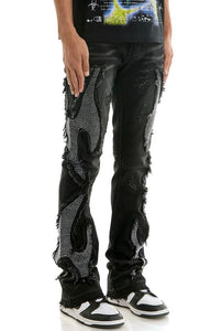 MEN KNDK BLACK TRIBAL RHINESTONE STACK PANTS