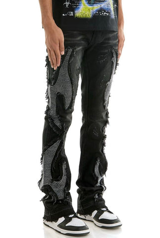 MEN KNDK BLACK TRIBAL RHINESTONE STACK PANTS