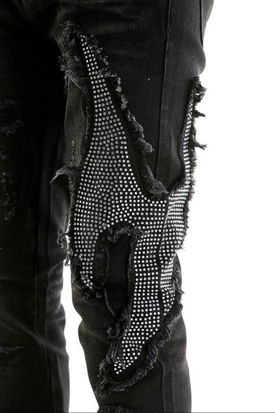 MEN KNDK BLACK TRIBAL RHINESTONE STACK PANTS