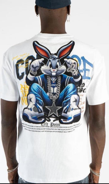 Men White Cowboy Bugs Bunny Rhinestone Back Tee Design