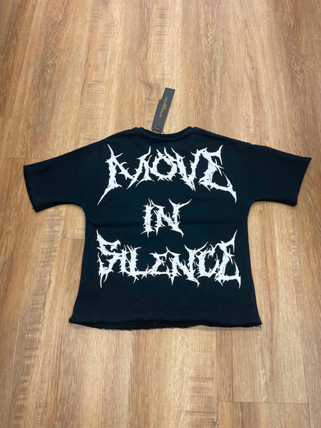 BOYS BLACK MOVE IN SILENCE RHINESTONE CROP TEE