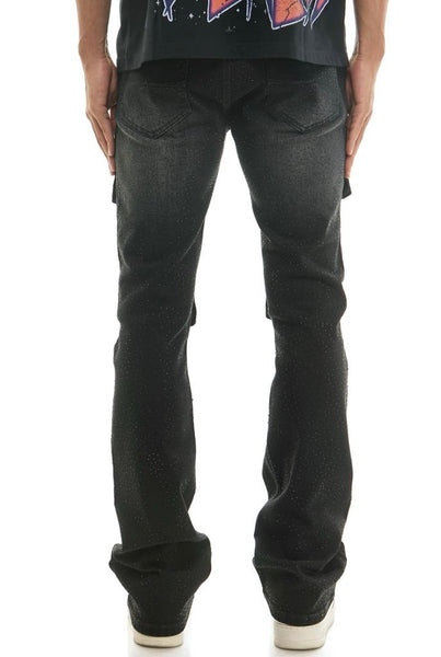 MEN KNDK BLACK CARGO RHINESTONE FLARE PANTS