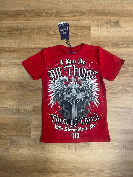 BOYS RED POWERED BY CHRIST EMBROBERY TEE