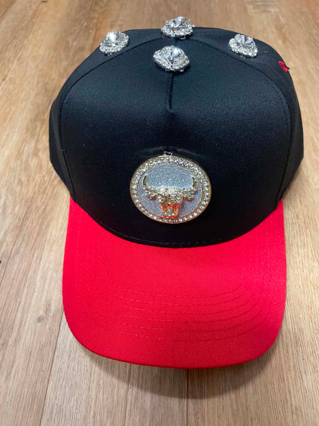 UNISEX BLACK/ RED METAL BULL LOGO BLUE RHINESTONE SNAPBACK