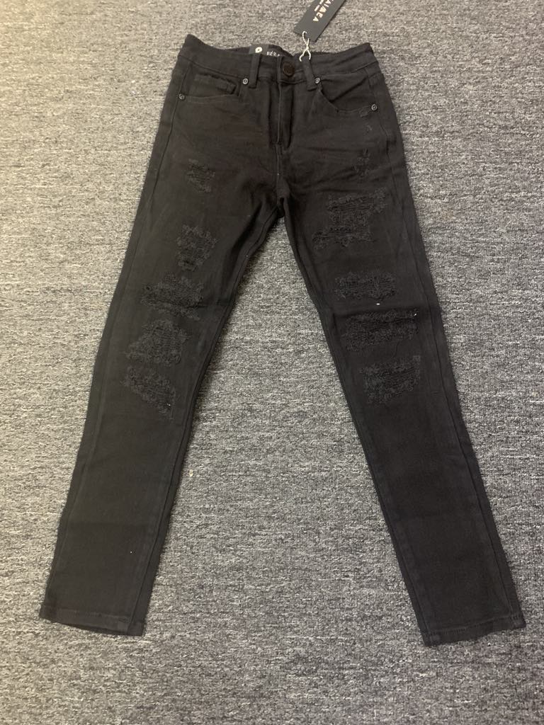 Kids Jet Black Damaged Stitching Skinny Fit Jeans