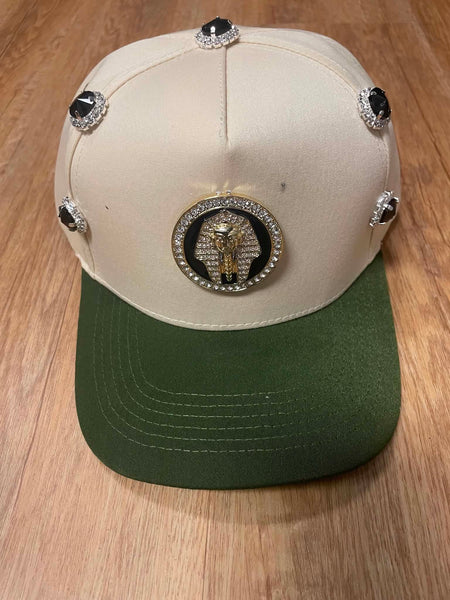 UNISEX CREAM/ GREEN METAL RHINESTONE PHARAOH LOGO SNAPBACK