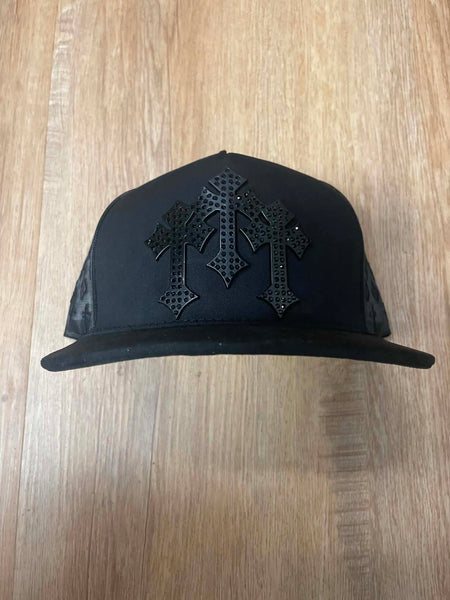 UNISEX BLACk/ BLACK METAL RHINESTONE BLACK TRIPPLE CROSS LOGO SNAPBACK