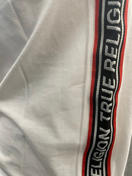 Men White True Religion with Stitched in Red/ Black Side Strip Tee