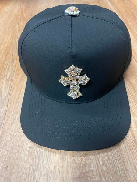 UNISEX BLACK METAL RHINESTONE CROSS LOGO SNAPBACK