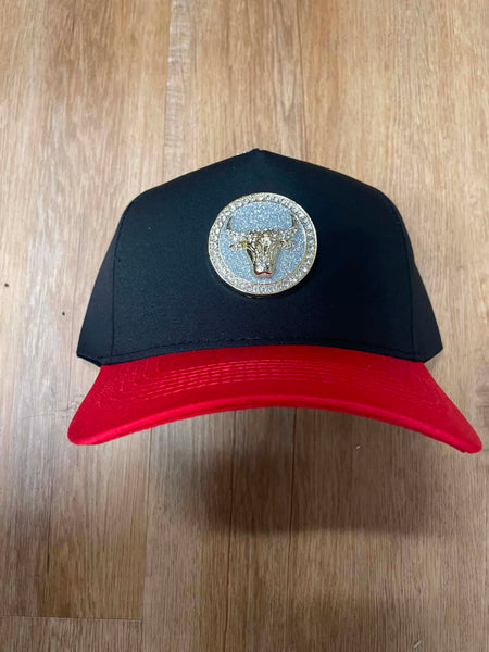 UNISEX BLACK/ RED METAL BULL LOGO BLUE RHINESTONE SNAPBACK