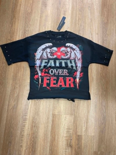 MEN BLACK FAITH OVER FEAR RHINESTONE FRENCH TERRY CROP TEE