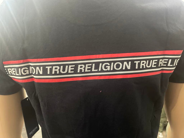 Men Black True Religion with Stitched in Red Black Strip Tee