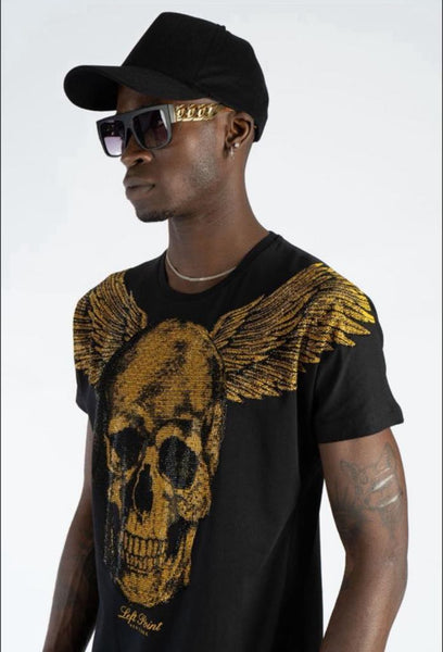 Men Black Flying Gold Skull Rhinestone Tee