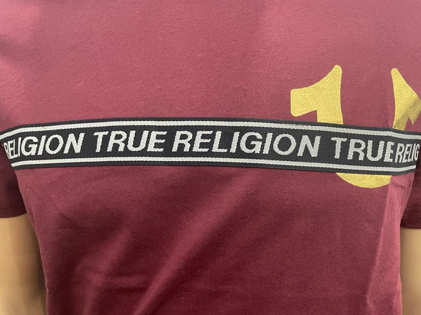 Men Burgundy True Religion with Stitched in Black/ Silver Strip Tee