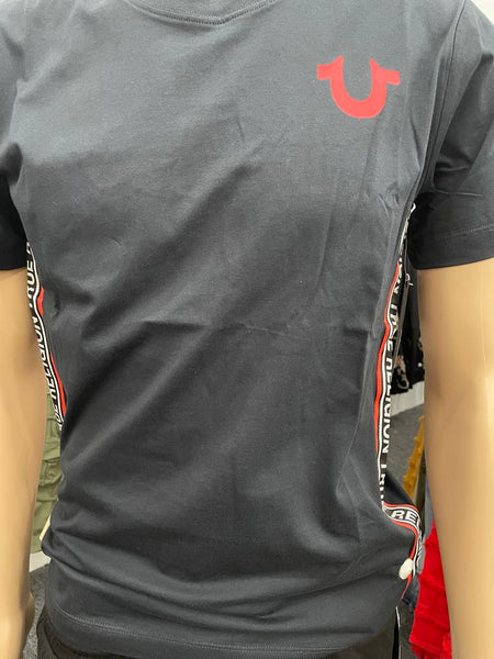Men Black True Religion with Stitched in Red/ Black Side Strip Tee