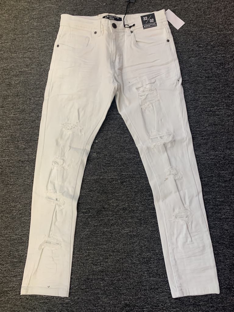 Men White Twill Ripped Pants Stretch