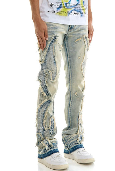 MEN KNDK BLUE TRIBAL RHINESTONE FLARE PANTS