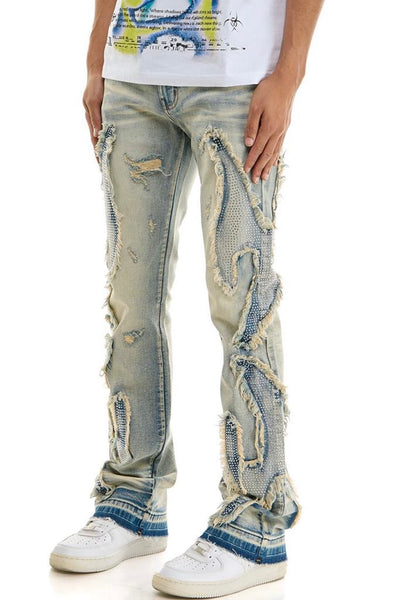 MEN KNDK BLUE TRIBAL RHINESTONE FLARE PANTS