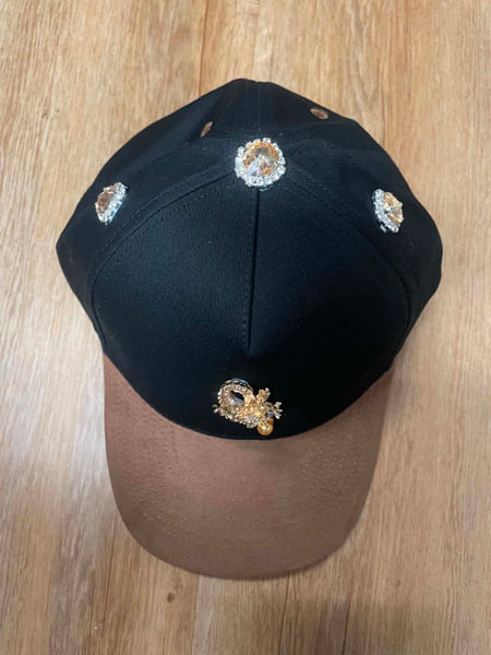 UNISEX BLACK/ BROWN METAL PERAL DRAGAN LOGO RHINESTONE SNAPBACK
