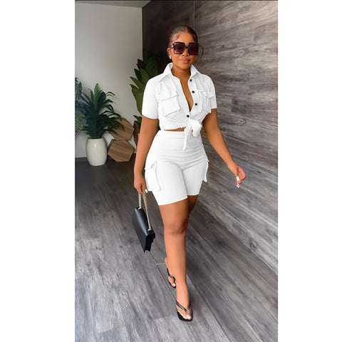 White Urban style shirt short sleeve shorts solid color two-piece set