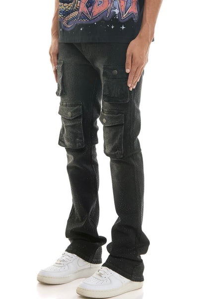 MEN KNDK BLACK CARGO RHINESTONE FLARE PANTS