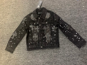 Kids Leather Cross Black Wash with white paint slash Denim Jacket