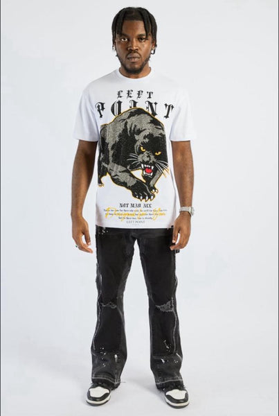 Men White walking panther Rhinestone Tee