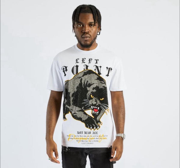 Men White walking panther Rhinestone Tee