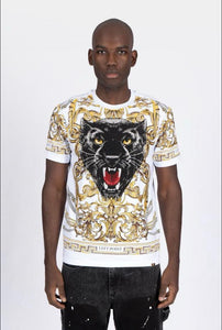 Men White black face panther Rhinestone Tee