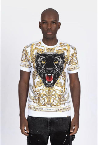 Men White black face panther Rhinestone Tee