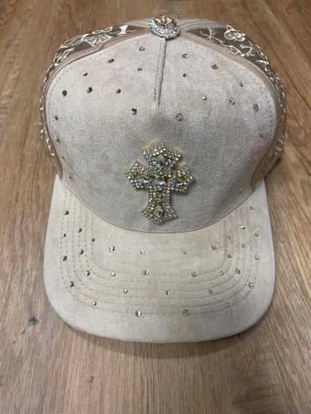 UNISEX BEIGE METAL RHINESTONE CROSS LOGO SNAPBACK