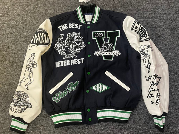 MEN FIRST ROW BLACK/ GREEN PU LEATHER VARSITY JACKET