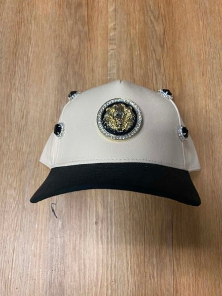 UNISEX CREAM/ BLACK 3D METAL LION HEAD LOGO RHINESTONE SNAPBACK