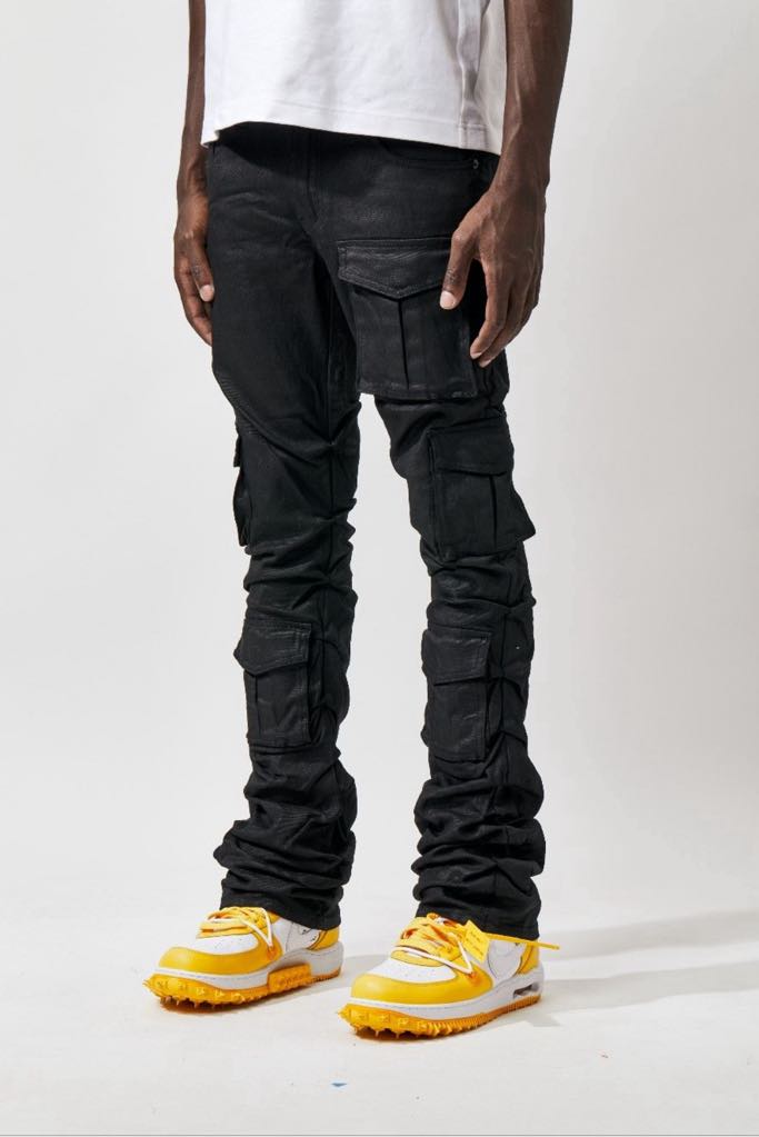 MEN BLACK COATED KINDER CARGO STACK PANTS