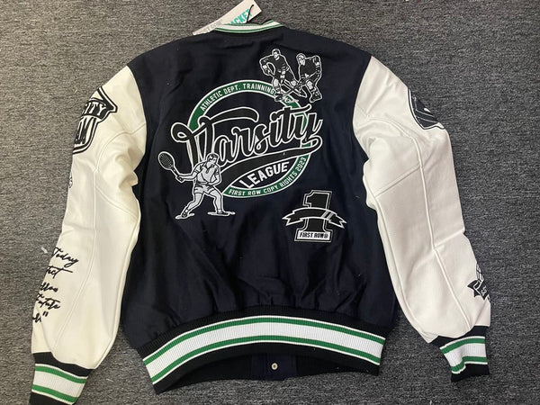 MEN FIRST ROW BLACK/ GREEN PU LEATHER VARSITY JACKET