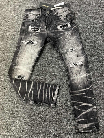 KIDS BLACK WASH RHINESTONE CUT JEANS