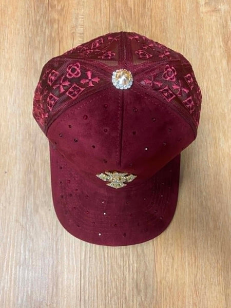 UNISEX BURGANDY 3D METAL CROSS LOGO RHINESTONE SNAPBACK