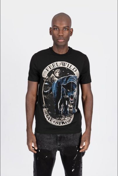 Men Black Feel Wild Stay Strong Black Cat Rhinestone Tee