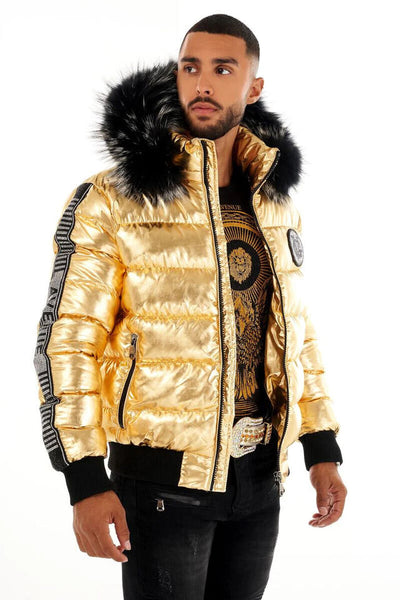 MEN GEORGE V GOLD WITH FUR HOOD GLITTERY PUFFER COAT