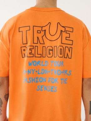 Men True Religion Fire Orange Drop Shoulder WT Embro Tee