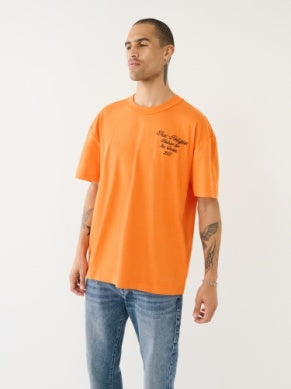 Men True Religion Fire Orange Drop Shoulder WT Embro Tee