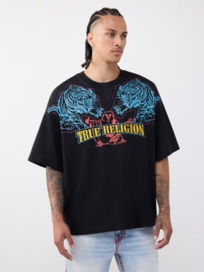 MEN TRUE RELIGION BLACK SS TIGER LOGO OVERSIZED TEE