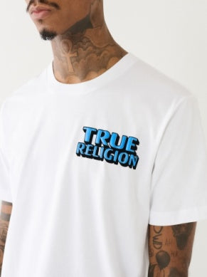 Men Optic White/ Light Blue True Religion SS Flock Station TEE