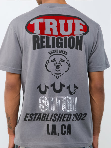 MEN GRANITE GREY TRUE RELIGON SS STACKED LOGO TEE