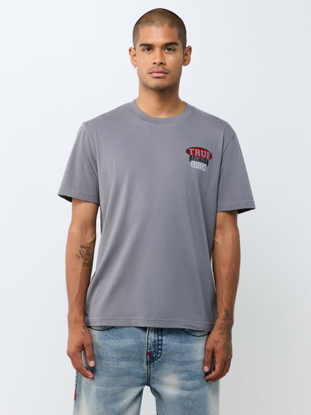 MEN GRANITE GREY TRUE RELIGON SS STACKED LOGO TEE