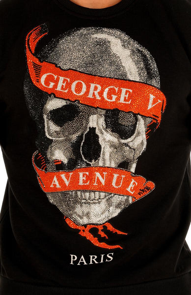 MEN BLACK GLITTERY ORANGE BANNER SKULL HEAD GEORGE V CREW