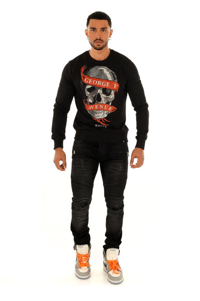 MEN BLACK GLITTERY ORANGE BANNER SKULL HEAD GEORGE V CREW