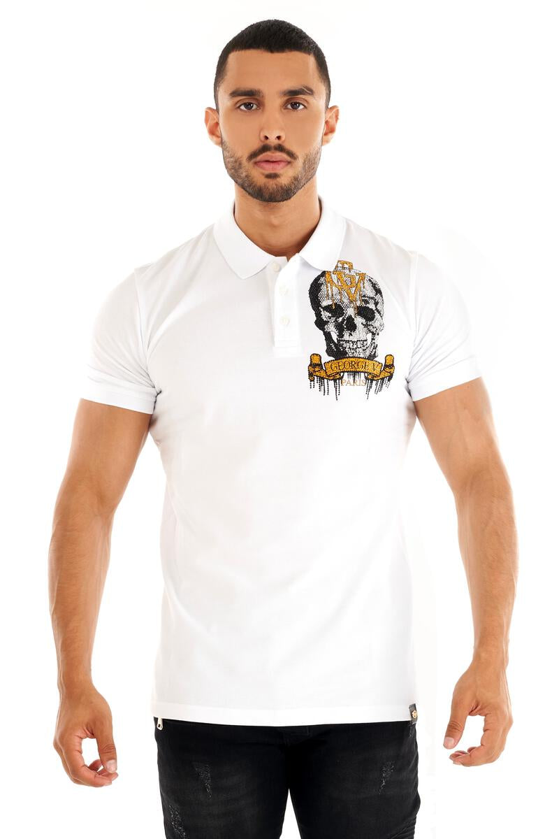 MEN GEORGE V WHITE/ GOLD SKULL HEAD GLITTERY POLO