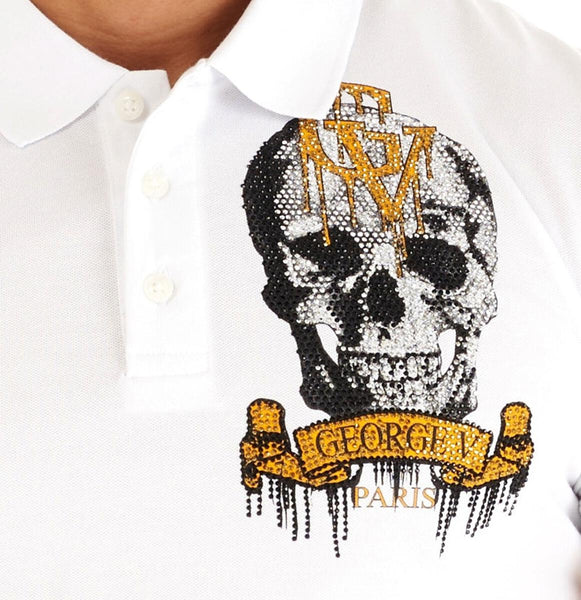 MEN GEORGE V WHITE/ GOLD SKULL HEAD GLITTERY POLO